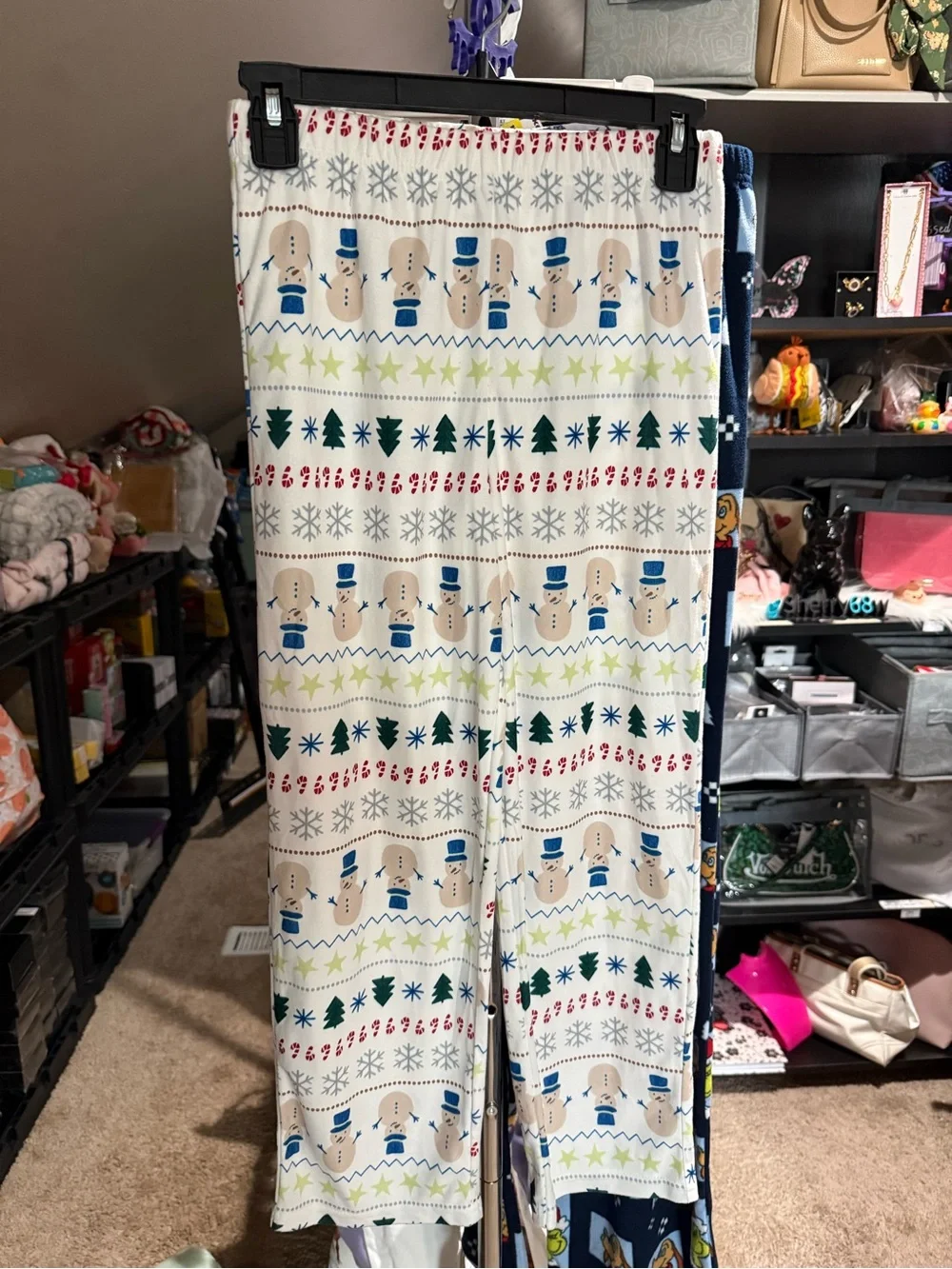 Festive Snowman Holiday Lounge Pants - White with Blue & Green size 10